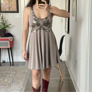 Bebe Y2K Elegant Sequin Embellished Babydoll Taupe Dress